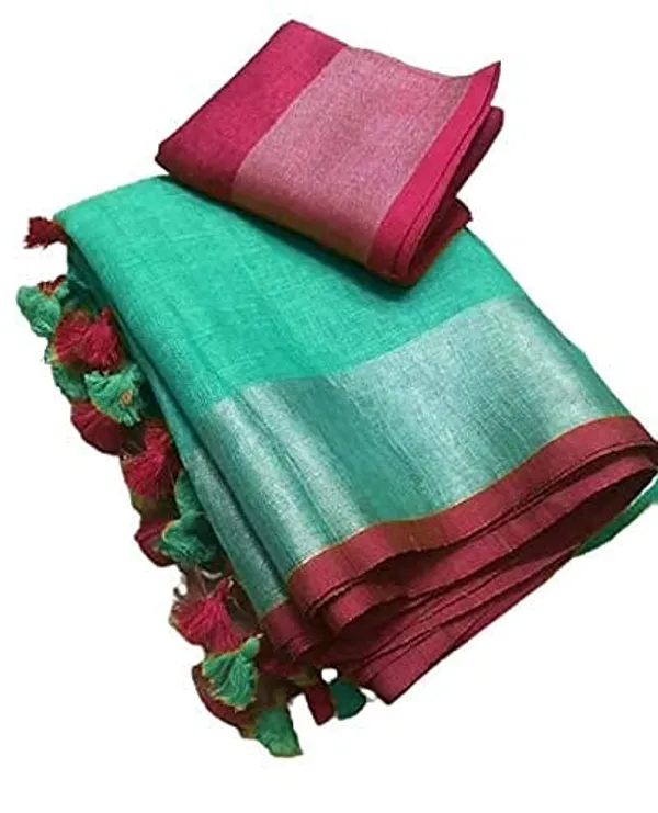 Turquoise-Pink_women's_Handloom_Bhagalpuri_Cotton_Linen_Blend_Saree_Ethnic_Wear_With_Contrast_Unstitched_Blouse_Piece