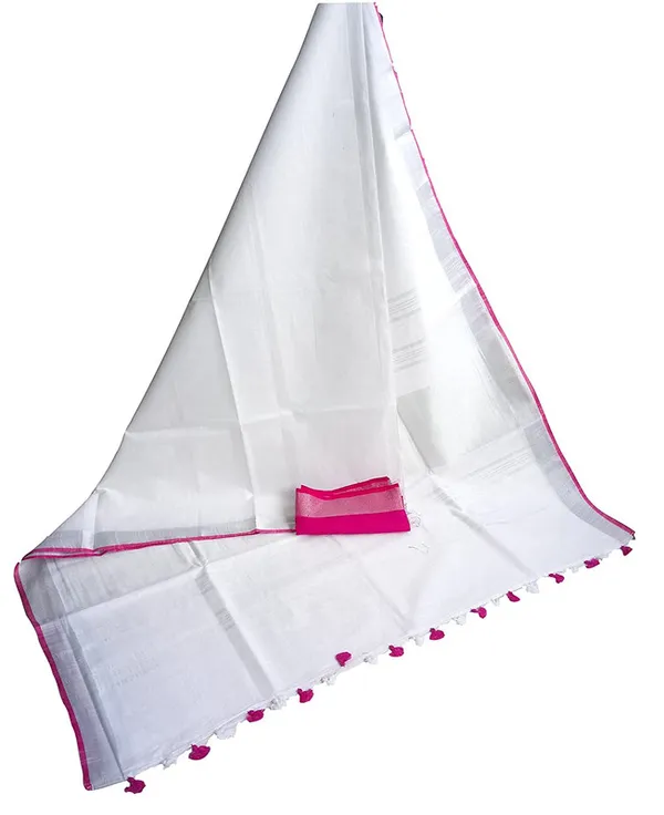 White-Pink_women's_Handloom_Bhagalpuri_Cotton_Linen_Blend_Saree_Ethnic_Wear_With_Contrast_Unstitched_Blouse_Piece