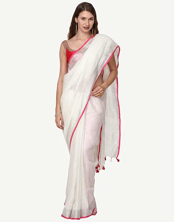White-Pink_women's_Handloom_Bhagalpuri_Cotton_Linen_Blend_Saree_Ethnic_Wear_With_Contrast_Unstitched_Blouse_Piece
