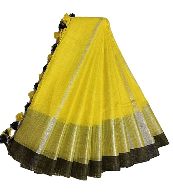 Yellow-Black_women's_Handloom_Bhagalpuri_Cotton_Linen_Blend_Saree_Ethnic_Wear_With_Contrast_Unstitched_Blouse_Piece