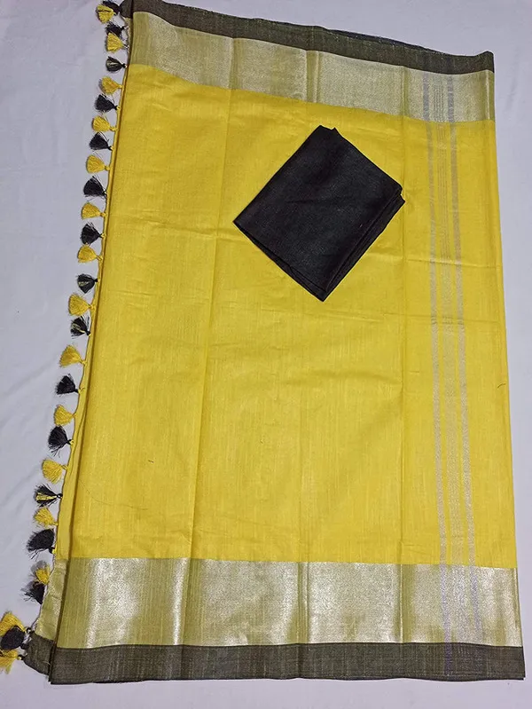 Yellow-Black_women's_Handloom_Bhagalpuri_Cotton_Linen_Blend_Saree_Ethnic_Wear_With_Contrast_Unstitched_Blouse_Piece