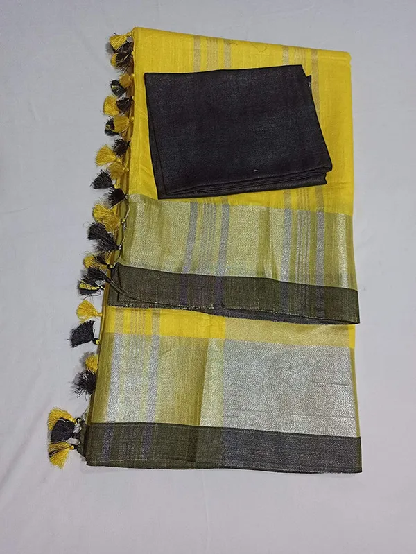 Yellow-Black_women's_Handloom_Bhagalpuri_Cotton_Linen_Blend_Saree_Ethnic_Wear_With_Contrast_Unstitched_Blouse_Piece