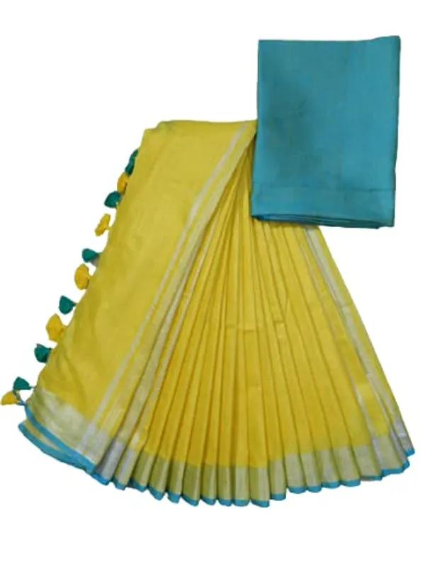 Yelllow-Cyan_women's_Handloom_Bhagalpuri_Cotton_Linen_Blend_Saree_Ethnic_Wear_With_Contrast_Unstitched_Blouse_Piece