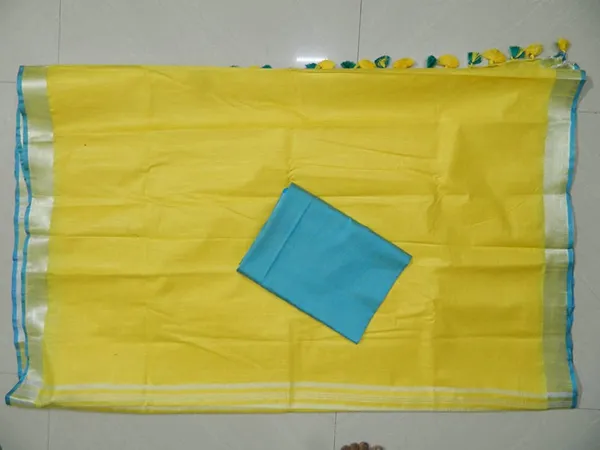 Yelllow-Cyan_women's_Handloom_Bhagalpuri_Cotton_Linen_Blend_Saree_Ethnic_Wear_With_Contrast_Unstitched_Blouse_Piece