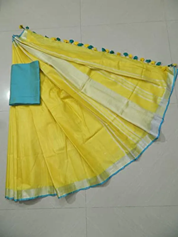 Yelllow-Cyan_women's_Handloom_Bhagalpuri_Cotton_Linen_Blend_Saree_Ethnic_Wear_With_Contrast_Unstitched_Blouse_Piece