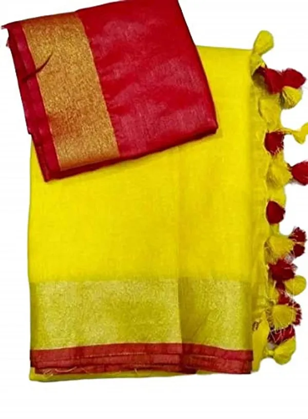 Yelllow-Red_women's_Handloom_Bhagalpuri_Cotton_Linen_Blend_Saree_Ethnic_Wear_With_Contrast_Unstitched_Blouse_Piece