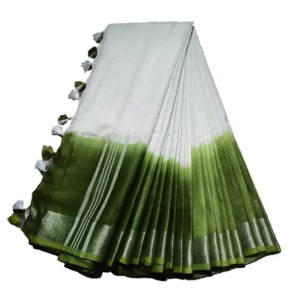 Avocado_Green_women's_Handloom_Bhagalpuri_Linen_Cotton_Slub_Blend_Two_Sided_Two_Dye_Saree_Running_Unstitched_Blouse_Piece