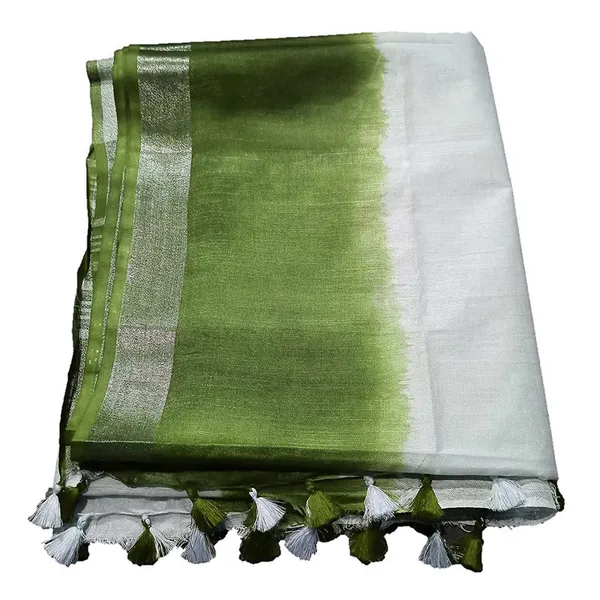 Avocado_Green_women's_Handloom_Bhagalpuri_Linen_Cotton_Slub_Blend_Two_Sided_Two_Dye_Saree_Running_Unstitched_Blouse_Piece