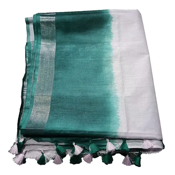 Pine_Green_women's_Handloom_Bhagalpuri_Linen_Cotton_Slub_Blend_Two_Sided_Two_Dye_Saree_Running_Unstitched_Blouse_Piece