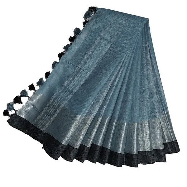Airforce_Blue_Bhagalpuri_Handloom_women's_Linen_Slub_Blend_Saree_With_Black_Pipin_Contrast_Blouse_Piece