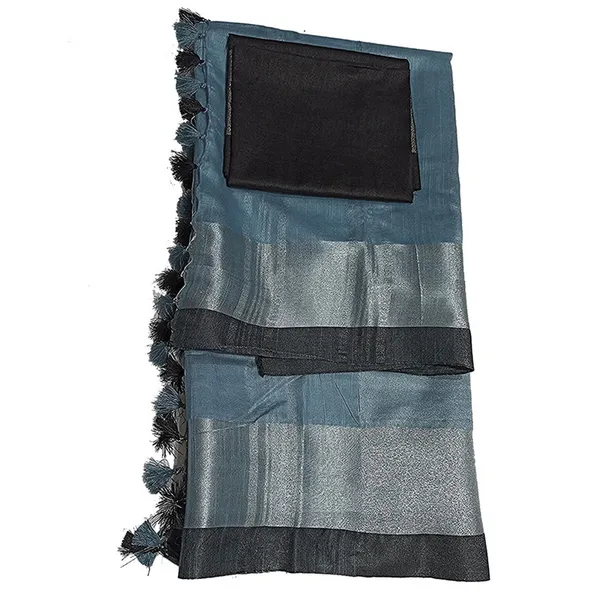 Airforce_Blue_Bhagalpuri_Handloom_women's_Linen_Slub_Blend_Saree_With_Black_Pipin_Contrast_Blouse_Piece