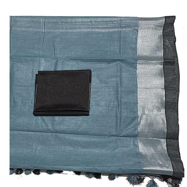 Airforce_Blue_Bhagalpuri_Handloom_women's_Linen_Slub_Blend_Saree_With_Black_Pipin_Contrast_Blouse_Piece