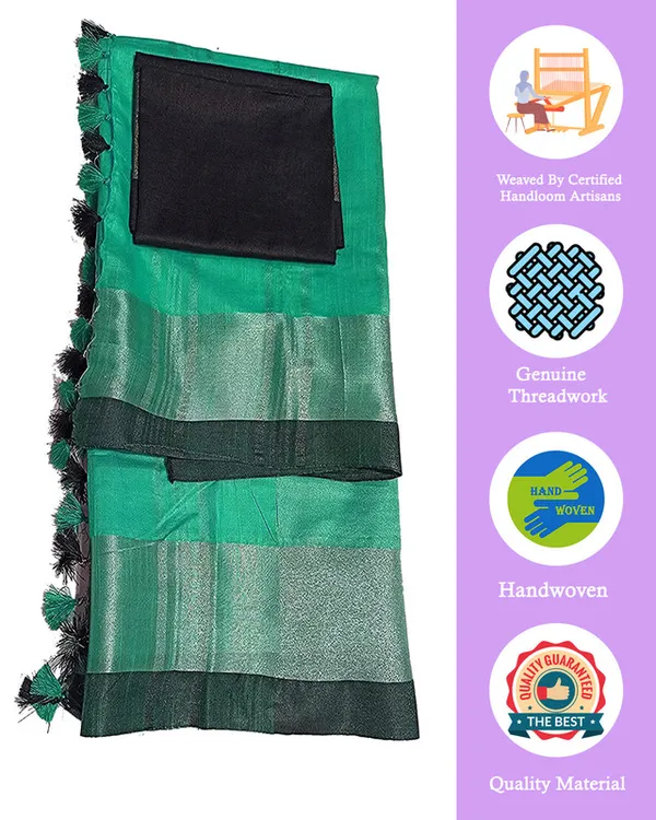 Aquamarine_Green_Bhagalpuri_Handloom_women's_Linen_Slub_Blend_Saree_With_Black_Pipin_Contrast_Blouse_Piece