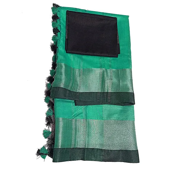 Aquamarine_Green_Bhagalpuri_Handloom_women's_Linen_Slub_Blend_Saree_With_Black_Pipin_Contrast_Blouse_Piece