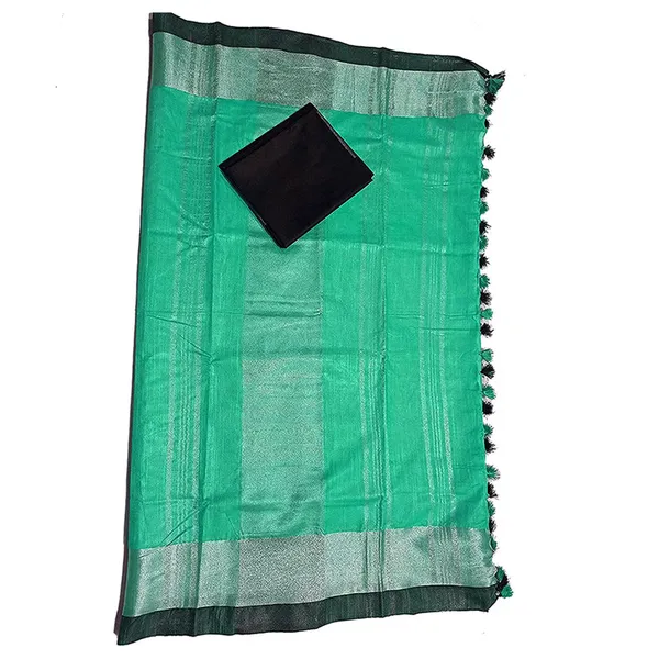 Aquamarine_Green_Bhagalpuri_Handloom_women's_Linen_Slub_Blend_Saree_With_Black_Pipin_Contrast_Blouse_Piece