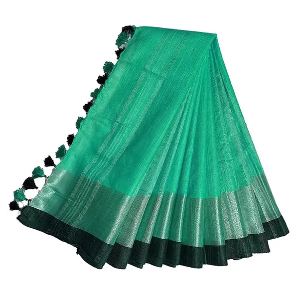 Aquamarine_Green_Bhagalpuri_Handloom_women's_Linen_Slub_Blend_Saree_With_Black_Pipin_Contrast_Blouse_Piece