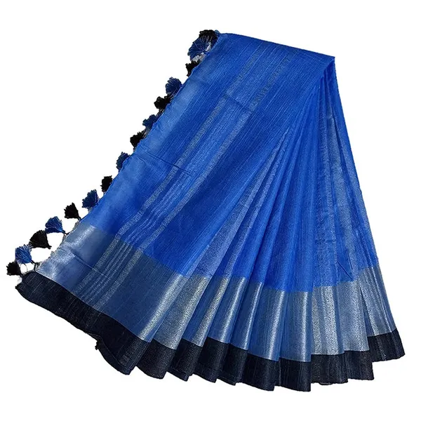 Bhagalpuri_Handloom_women's_Linen_Slub_Blend_Saree_With_Black_Pipin_Contrast_Blouse_Piece