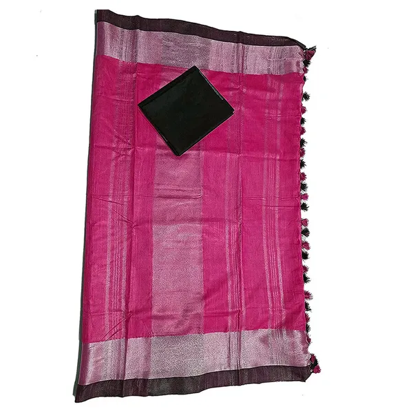 Cerise_Pink_Bhagalpuri_Handloom_women's_Linen_Slub_Blend_Saree_With_Black_Pipin_Contrast_Blouse_Piece