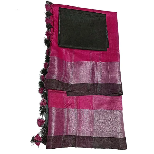 Cerise_Pink_Bhagalpuri_Handloom_women's_Linen_Slub_Blend_Saree_With_Black_Pipin_Contrast_Blouse_Piece