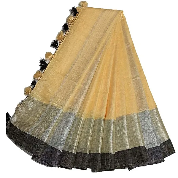 Creame_Beige_Bhagalpuri_Handloom_women's_Linen_Slub_Blend_Saree_With_Black_Pipin_Contrast_Blouse_Piece