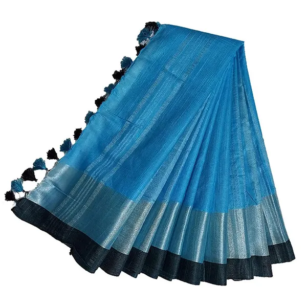 Cyan_Bhagalpuri_Handloom_women's_Linen_Slub_Blend_Saree_With_Black_Pipin_Contrast_Blouse_Piece