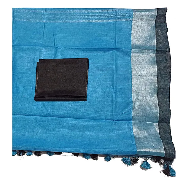 Cyan_Bhagalpuri_Handloom_women's_Linen_Slub_Blend_Saree_With_Black_Pipin_Contrast_Blouse_Piece