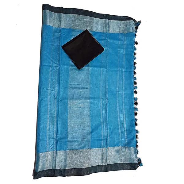 Cyan_Bhagalpuri_Handloom_women's_Linen_Slub_Blend_Saree_With_Black_Pipin_Contrast_Blouse_Piece