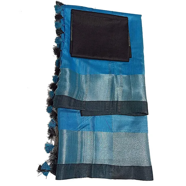 Cyan_Bhagalpuri_Handloom_women's_Linen_Slub_Blend_Saree_With_Black_Pipin_Contrast_Blouse_Piece