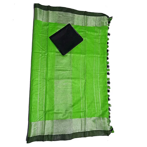 Green_Bhagalpuri_Handloom_women's_Linen_Slub_Blend_Saree_With_Black_Pipin_Contrast_Blouse_Piece