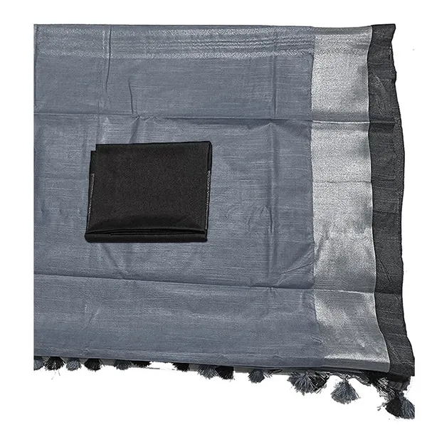 Grey_Bhagalpuri_Handloom_women's_Linen_Slub_Blend_Saree_With_Black_Pipin_Contrast_Blouse_Piece