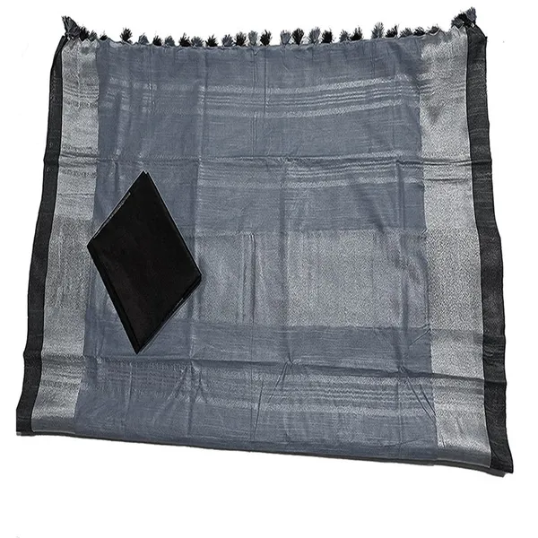 Grey_Bhagalpuri_Handloom_women's_Linen_Slub_Blend_Saree_With_Black_Pipin_Contrast_Blouse_Piece