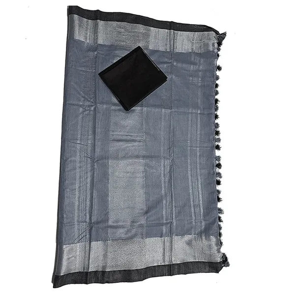 Grey_Bhagalpuri_Handloom_women's_Linen_Slub_Blend_Saree_With_Black_Pipin_Contrast_Blouse_Piece