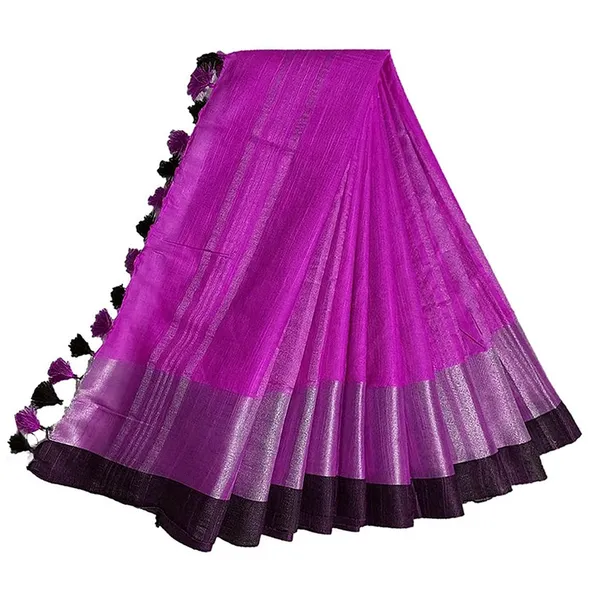 Magenta_Bhagalpuri_Handloom_women's_Linen_Slub_Blend_Saree_With_Black_Pipin_Contrast_Blouse_Piece