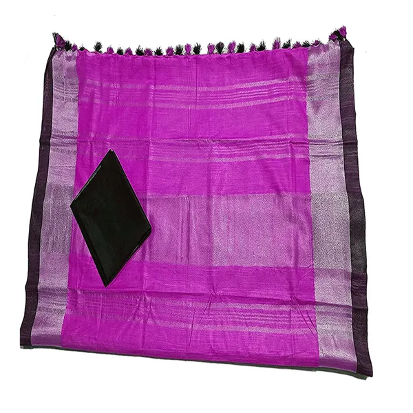 Magenta_Bhagalpuri_Handloom_women's_Linen_Slub_Blend_Saree_With_Black_Pipin_Contrast_Blouse_Piece
