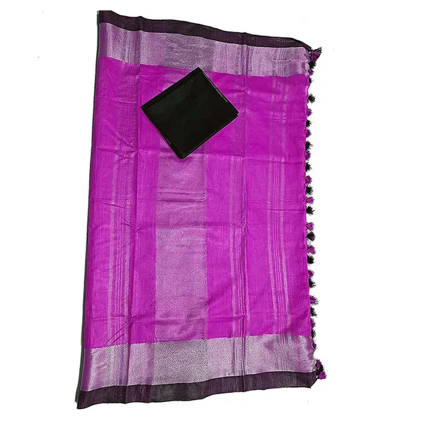 Magenta_Bhagalpuri_Handloom_women's_Linen_Slub_Blend_Saree_With_Black_Pipin_Contrast_Blouse_Piece