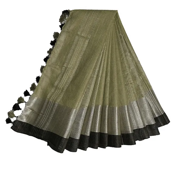 Moss_Green_Bhagalpuri_Handloom_women's_Linen_Slub_Blend_Saree_With_Black_Pipin_Contrast_Blouse_Piece