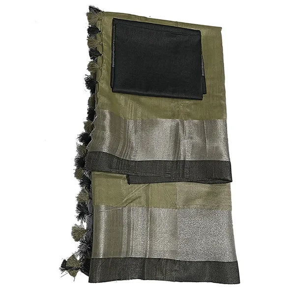 Moss_Green_Bhagalpuri_Handloom_women's_Linen_Slub_Blend_Saree_With_Black_Pipin_Contrast_Blouse_Piece