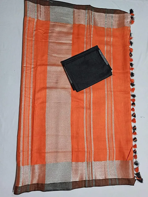 Orange_Bhagalpuri_Handloom_women's_Linen_Slub_Blend_Saree_With_Black_Pipin_Contrast_Blouse_Piece