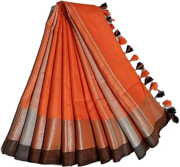 Orange_Bhagalpuri_Handloom_women's_Linen_Slub_Blend_Saree_With_Black_Pipin_Contrast_Blouse_Piece