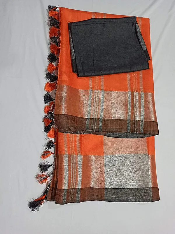 Orange_Bhagalpuri_Handloom_women's_Linen_Slub_Blend_Saree_With_Black_Pipin_Contrast_Blouse_Piece