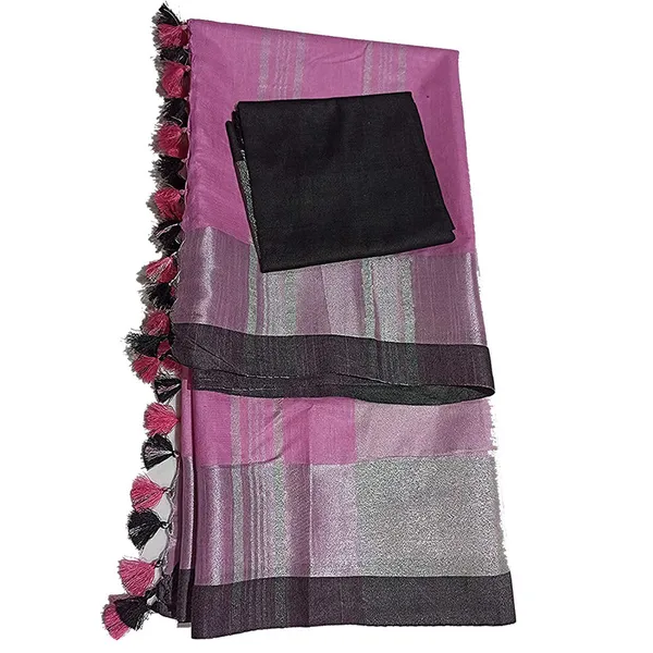 Pink_Bhagalpuri_Handloom_women's_Linen_Slub_Blend_Saree_With_Black_Pipin_Contrast_Blouse_Piece