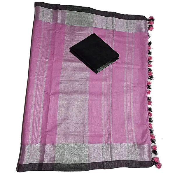Pink_Bhagalpuri_Handloom_women's_Linen_Slub_Blend_Saree_With_Black_Pipin_Contrast_Blouse_Piece