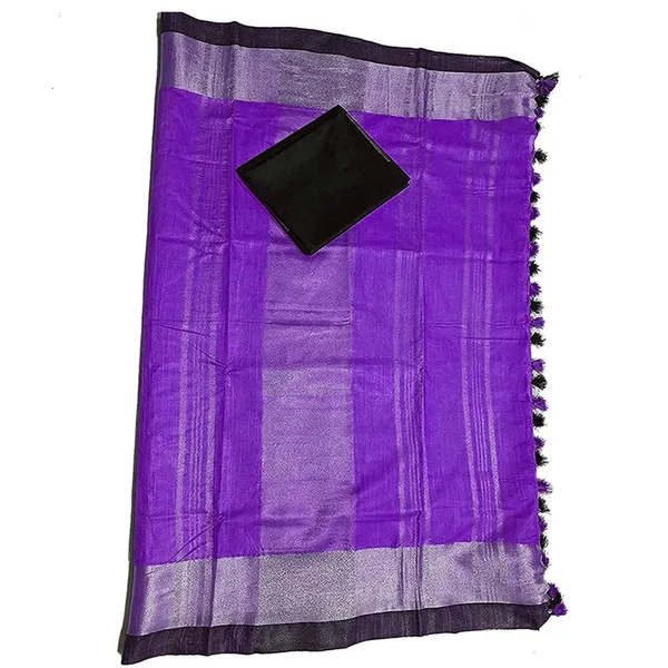Bhagalpuri_Handloom_women's_Linen_Slub_Blend_Saree_With_Black_Pipin_Contrast_Blouse_Piece