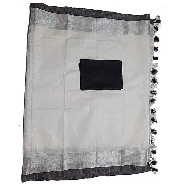 White_Bhagalpuri_Handloom_women's_Linen_Slub_Blend_Saree_With_Black_Pipin_Contrast_Blouse_Piece