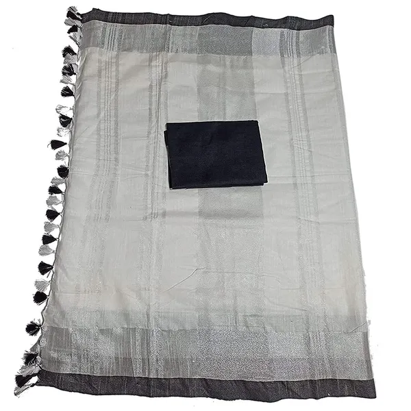 White_Bhagalpuri_Handloom_women's_Linen_Slub_Blend_Saree_With_Black_Pipin_Contrast_Blouse_Piece