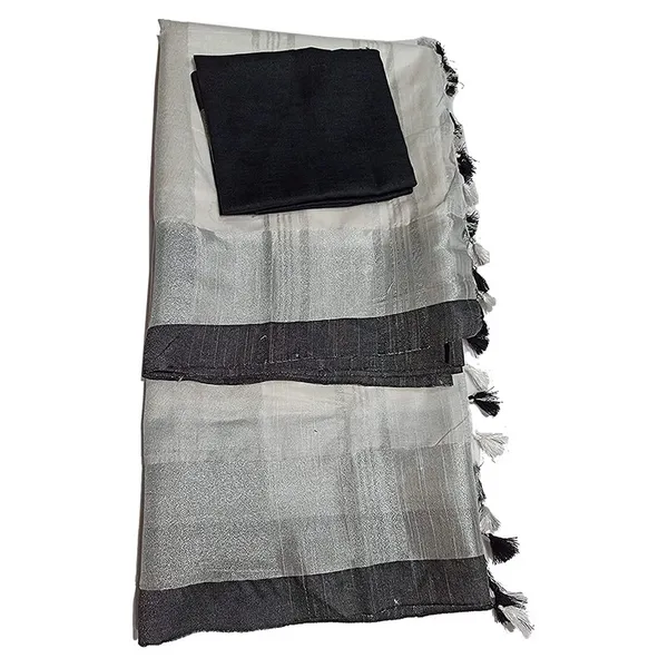 White_Bhagalpuri_Handloom_women's_Linen_Slub_Blend_Saree_With_Black_Pipin_Contrast_Blouse_Piece