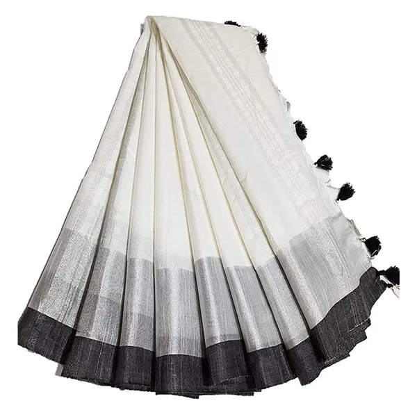 White_Bhagalpuri_Handloom_women's_Linen_Slub_Blend_Saree_With_Black_Pipin_Contrast_Blouse_Piece