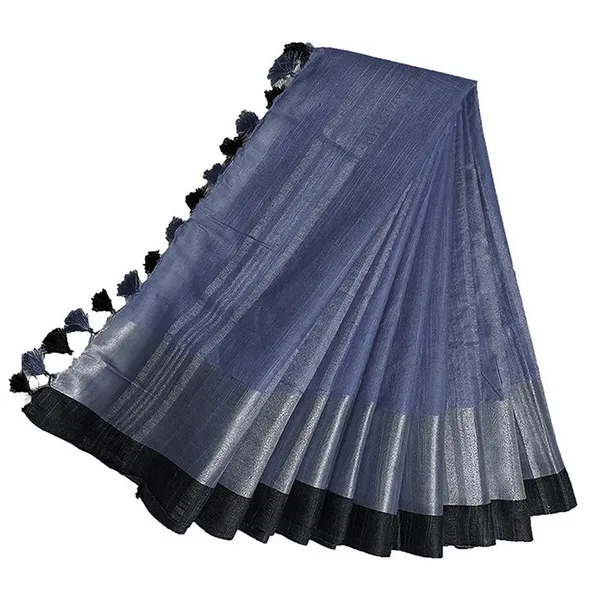 Vista_Blue_Bhagalpuri_Handloom_women's_Linen_Slub_Blend_Saree_With_Black_Pipin_Contrast_Blouse_Piece