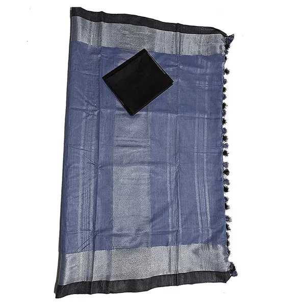 Vista_Blue_Bhagalpuri_Handloom_women's_Linen_Slub_Blend_Saree_With_Black_Pipin_Contrast_Blouse_Piece
