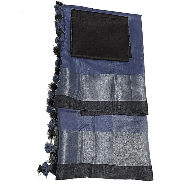 Vista_Blue_Bhagalpuri_Handloom_women's_Linen_Slub_Blend_Saree_With_Black_Pipin_Contrast_Blouse_Piece